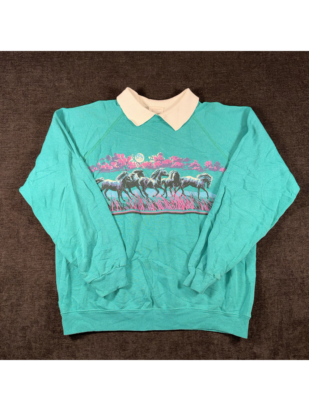 Vintage Hanes Pullover Sweatshirt with Horses Graphic and White Collar, Size L
